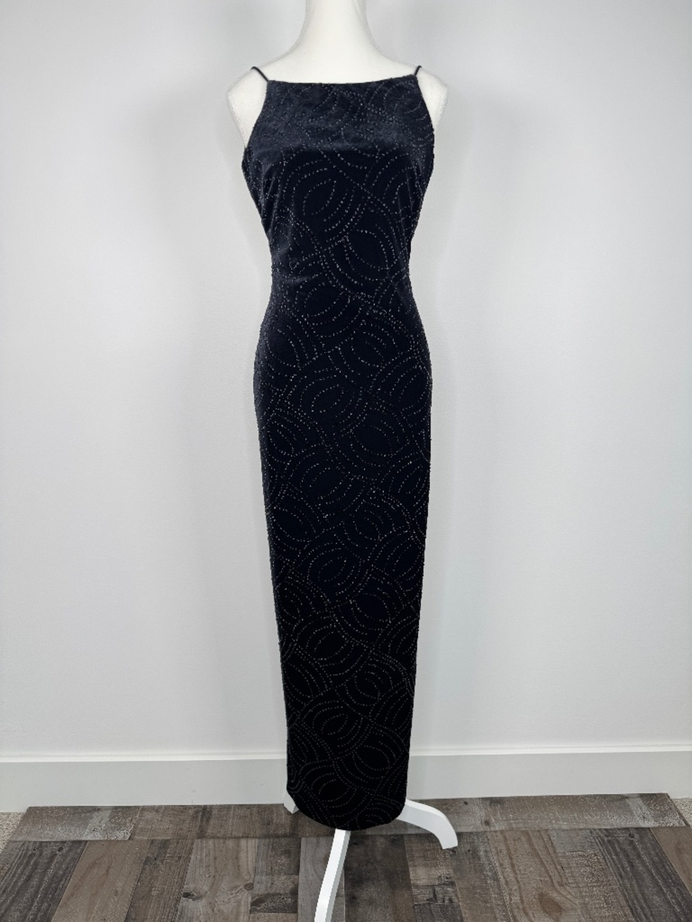 90s Vintage Bari Jay Backless Velvet Column Maxi Gown Sz 3-4 Black Beaded Prom